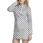 Grey And White Checkered Pattern Print Hoodie Dress