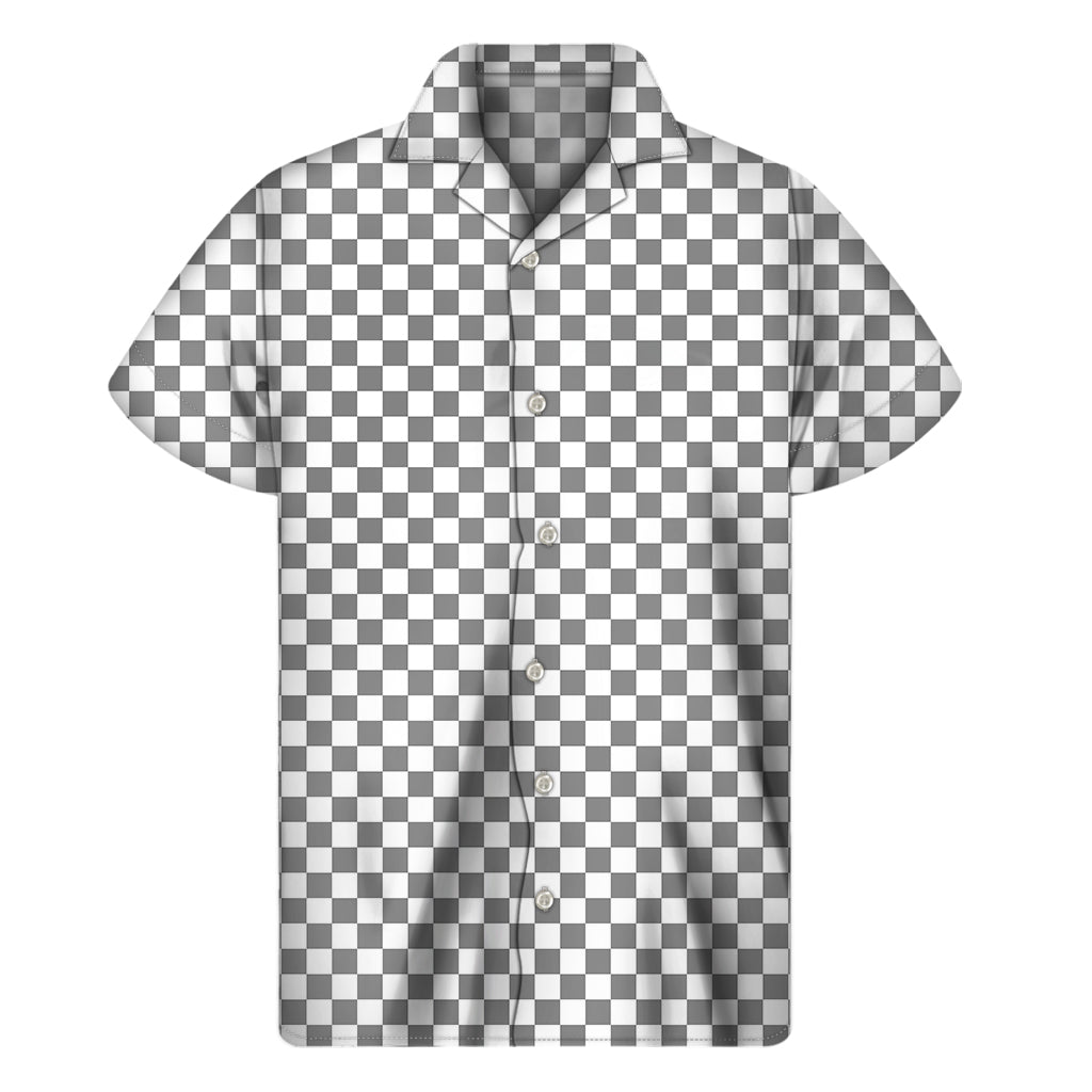 Grey And White Checkered Pattern Print Men's Short Sleeve Shirt