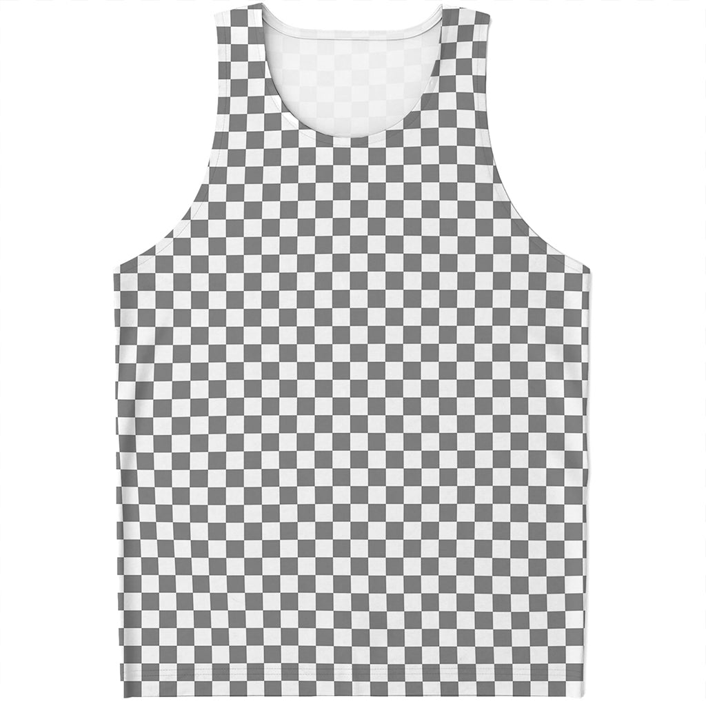 Grey And White Checkered Pattern Print Men's Tank Top
