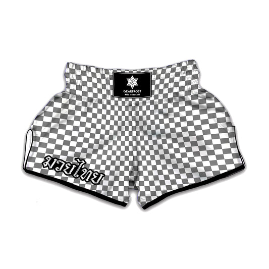 Grey And White Checkered Pattern Print Muay Thai Boxing Shorts
