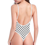 Grey And White Checkered Pattern Print One Piece High Cut Swimsuit