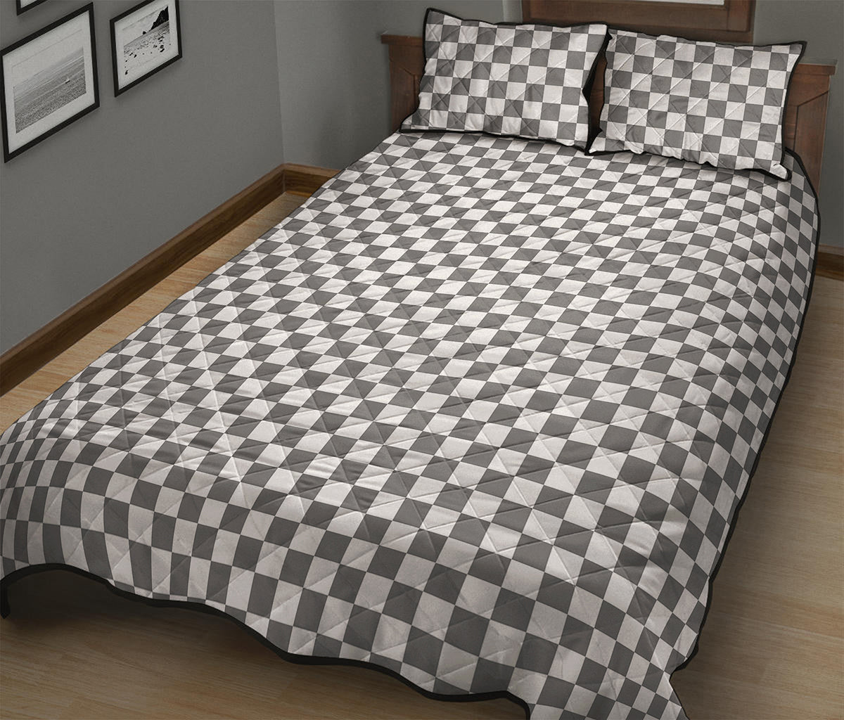 Grey And White Checkered Pattern Print Quilt Bed Set