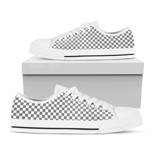 Grey And White Checkered Pattern Print White Low Top Shoes