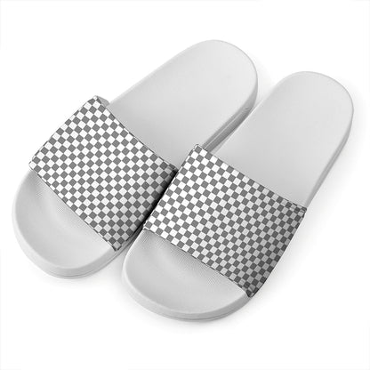 Grey And White Checkered Pattern Print White Slide Sandals