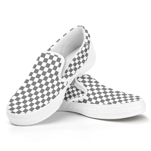 Grey And White Checkered Pattern Print White Slip On Shoes