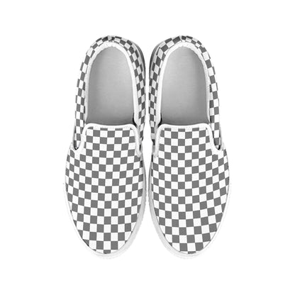 Grey And White Checkered Pattern Print White Slip On Shoes