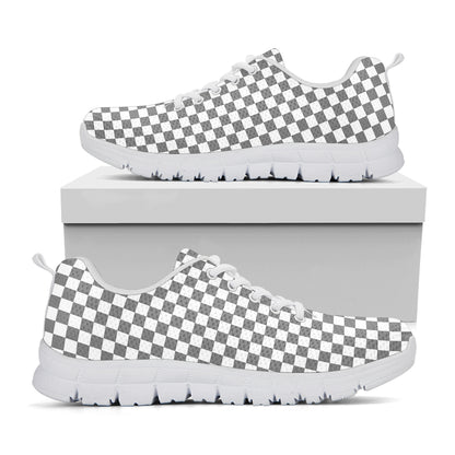 Grey And White Checkered Pattern Print White Sneakers