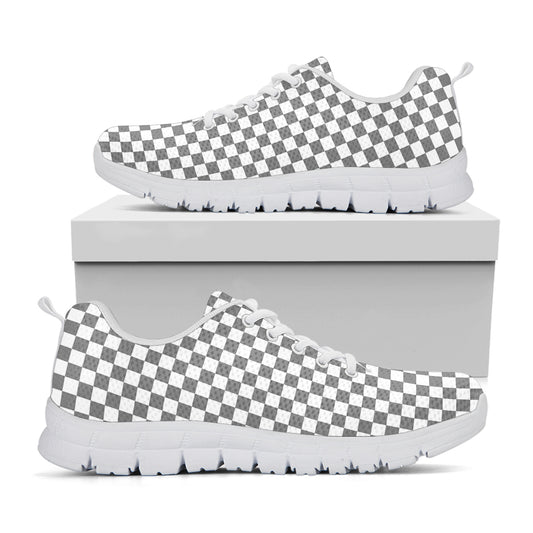 Grey And White Checkered Pattern Print White Sneakers