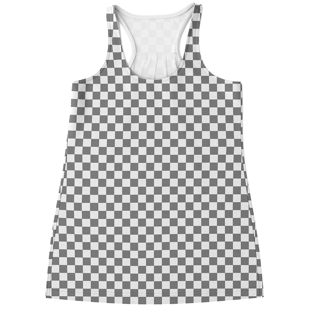 Grey And White Checkered Pattern Print Women's Racerback Tank Top