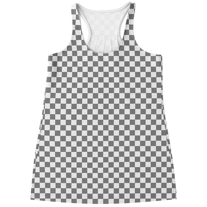 Grey And White Checkered Pattern Print Women's Racerback Tank Top