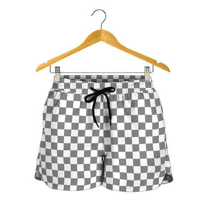 Grey And White Checkered Pattern Print Women's Shorts
