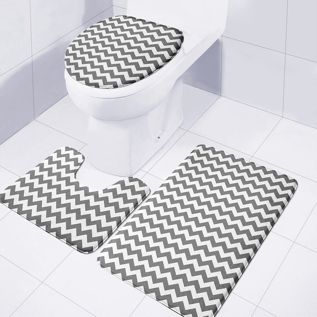 Grey And White Chevron Pattern Print 3 Piece Bath Mat Set