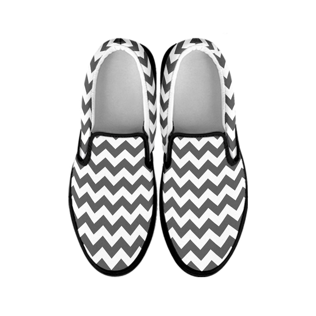 Grey And White Chevron Pattern Print Black Slip On Shoes