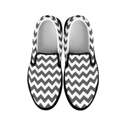 Grey And White Chevron Pattern Print Black Slip On Shoes