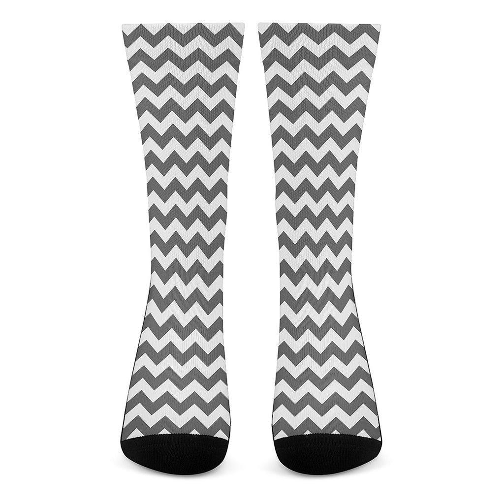 Grey And White Chevron Pattern Print Crew Socks