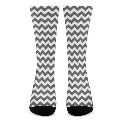 Grey And White Chevron Pattern Print Crew Socks