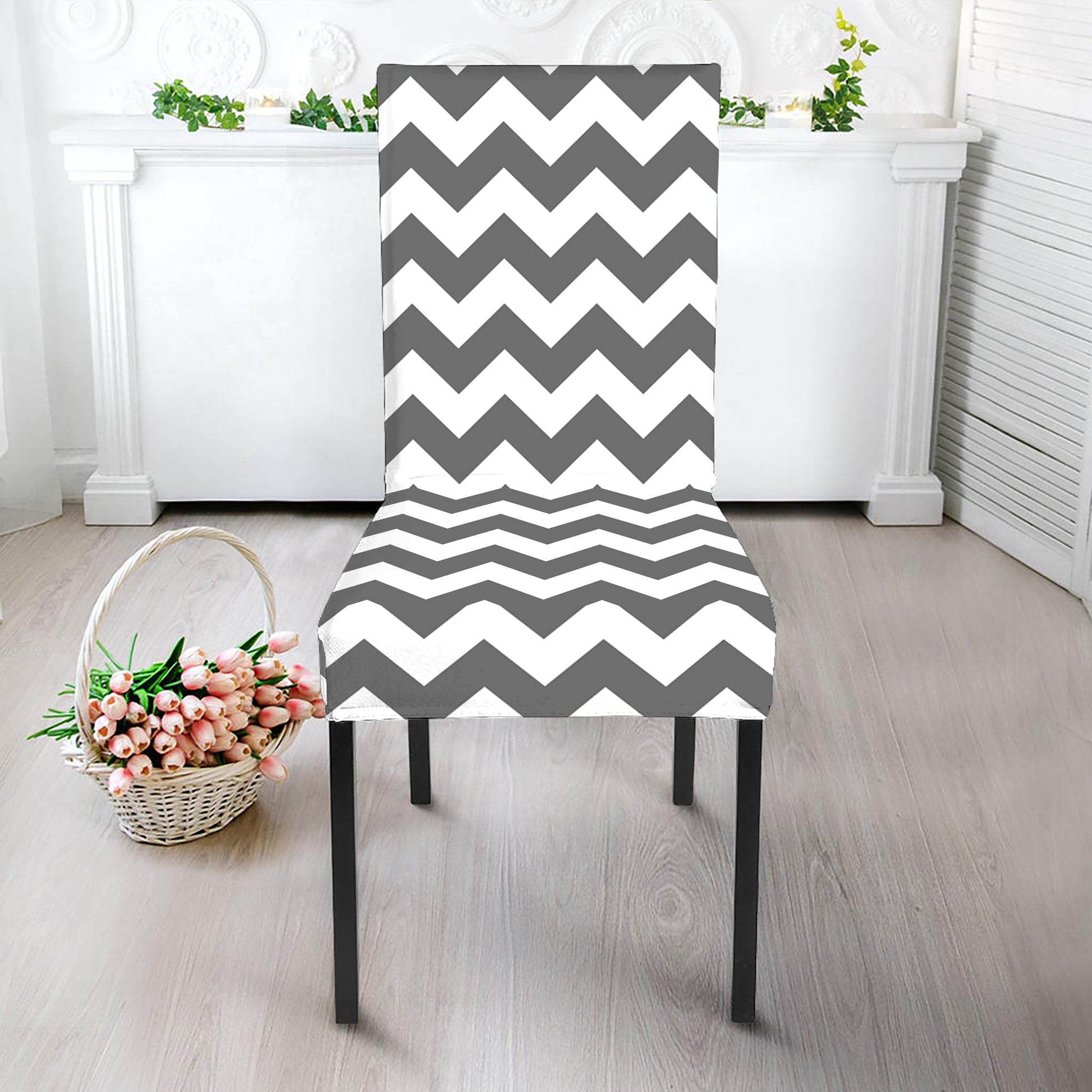 Grey And White Chevron Pattern Print Dining Chair Slipcover