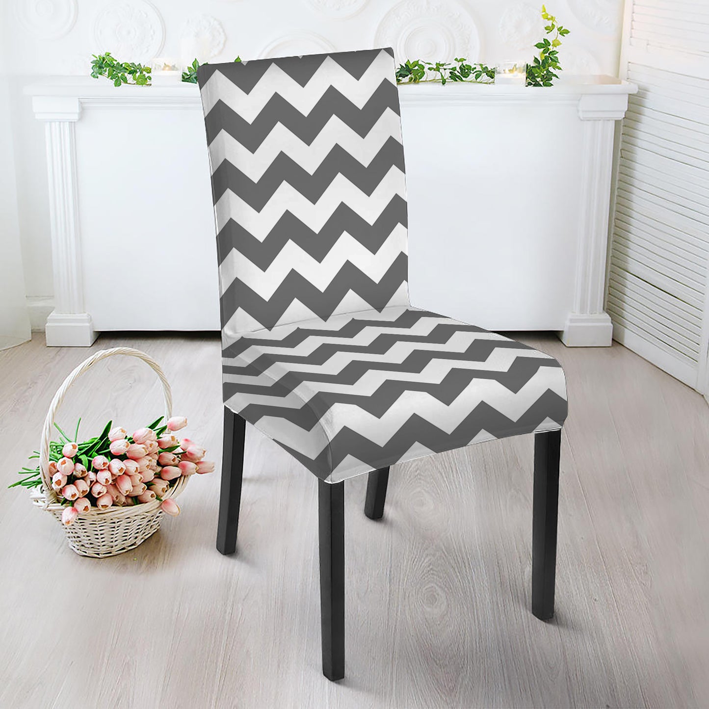 Grey And White Chevron Pattern Print Dining Chair Slipcover