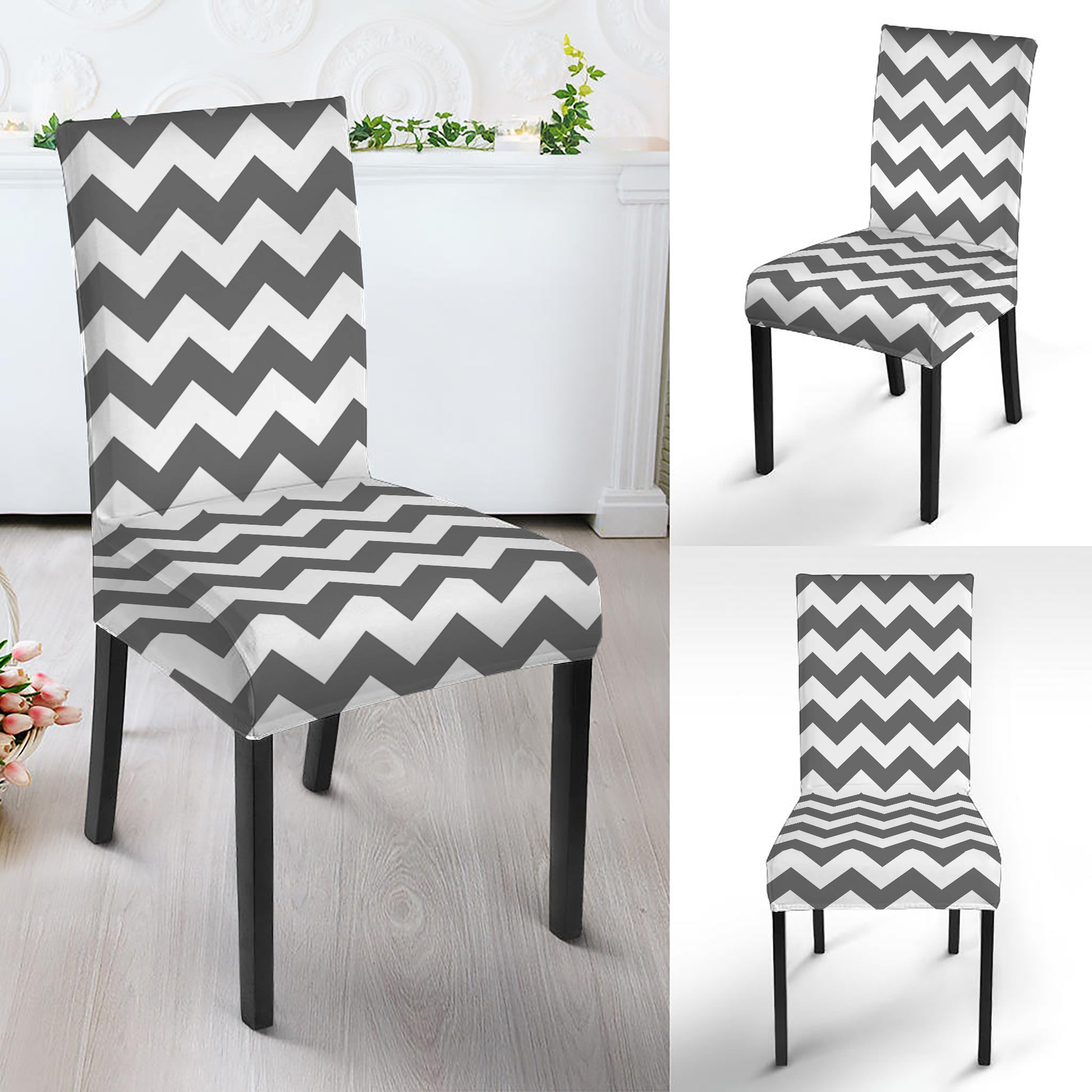 Grey And White Chevron Pattern Print Dining Chair Slipcover