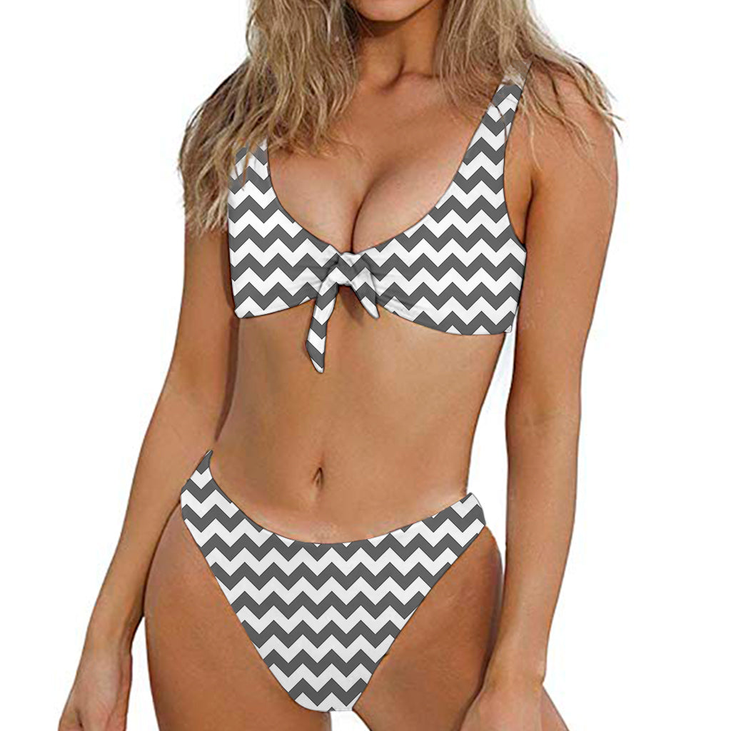 Grey And White Chevron Pattern Print Front Bow Tie Bikini