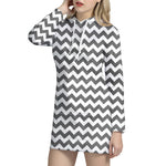 Grey And White Chevron Pattern Print Hoodie Dress