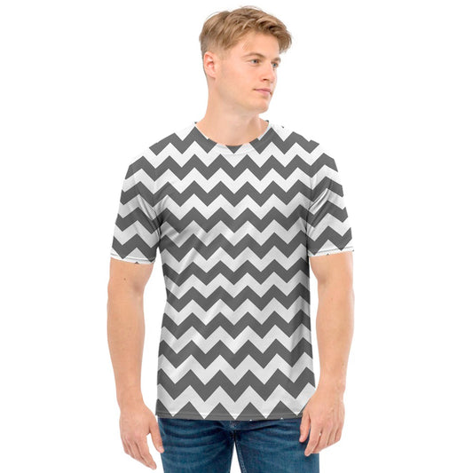 Grey And White Chevron Pattern Print Men's T-Shirt