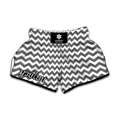Grey And White Chevron Pattern Print Muay Thai Boxing Shorts