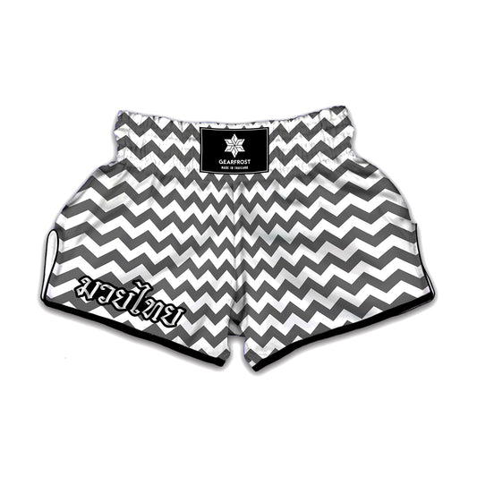 Grey And White Chevron Pattern Print Muay Thai Boxing Shorts