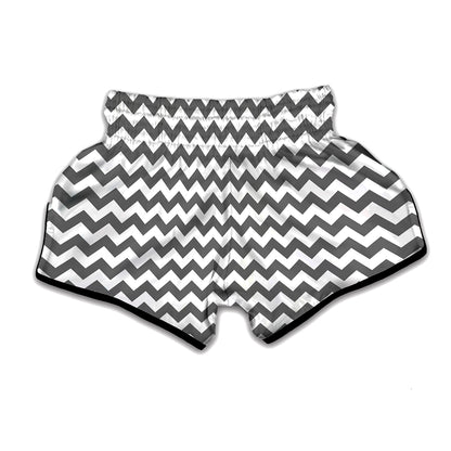 Grey And White Chevron Pattern Print Muay Thai Boxing Shorts