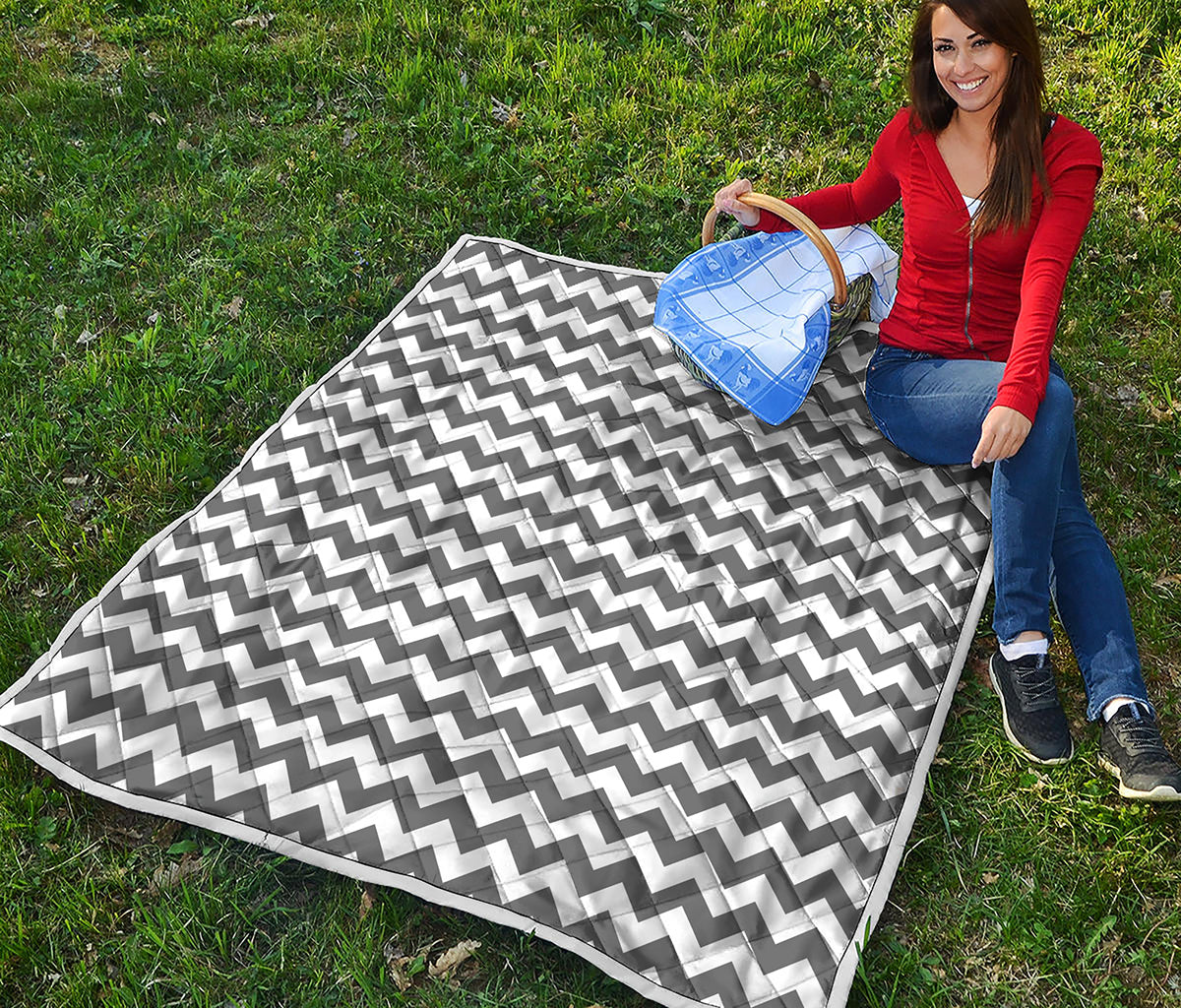 Grey And White Chevron Pattern Print Quilt