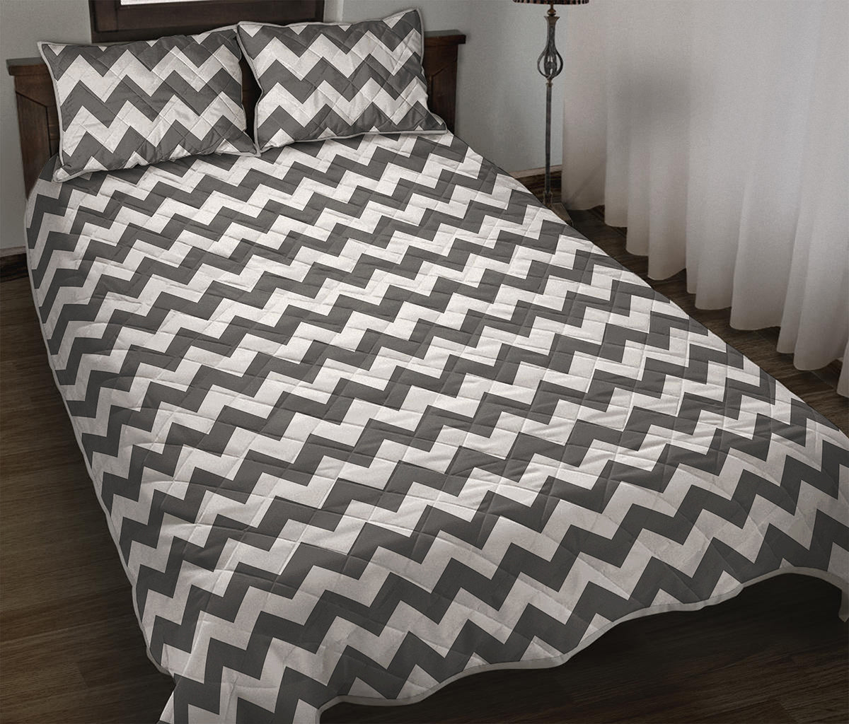 Grey And White Chevron Pattern Print Quilt Bed Set