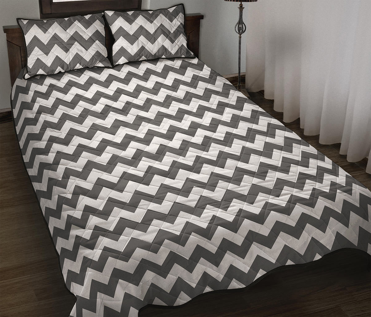 Grey And White Chevron Pattern Print Quilt Bed Set