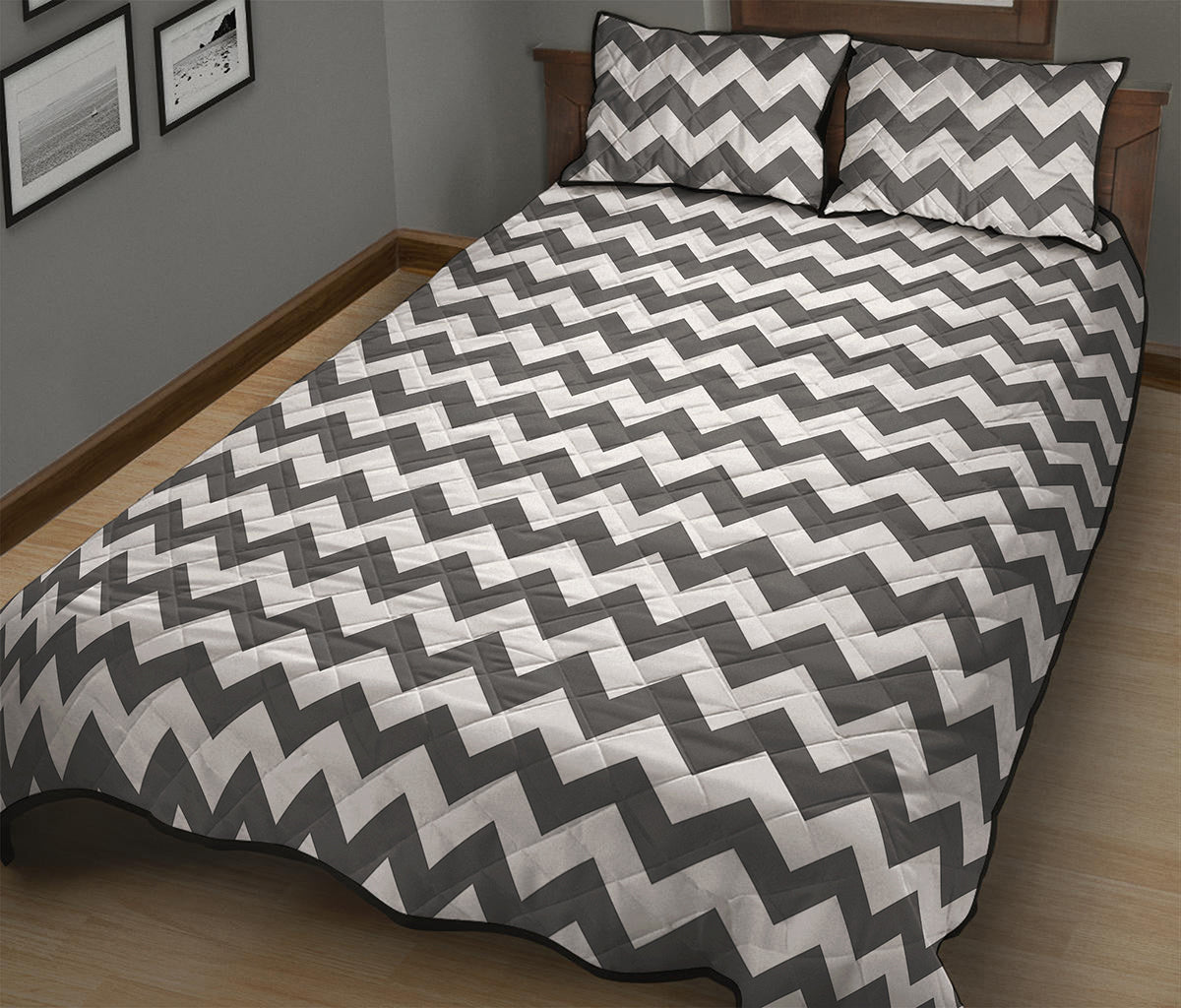 Grey And White Chevron Pattern Print Quilt Bed Set