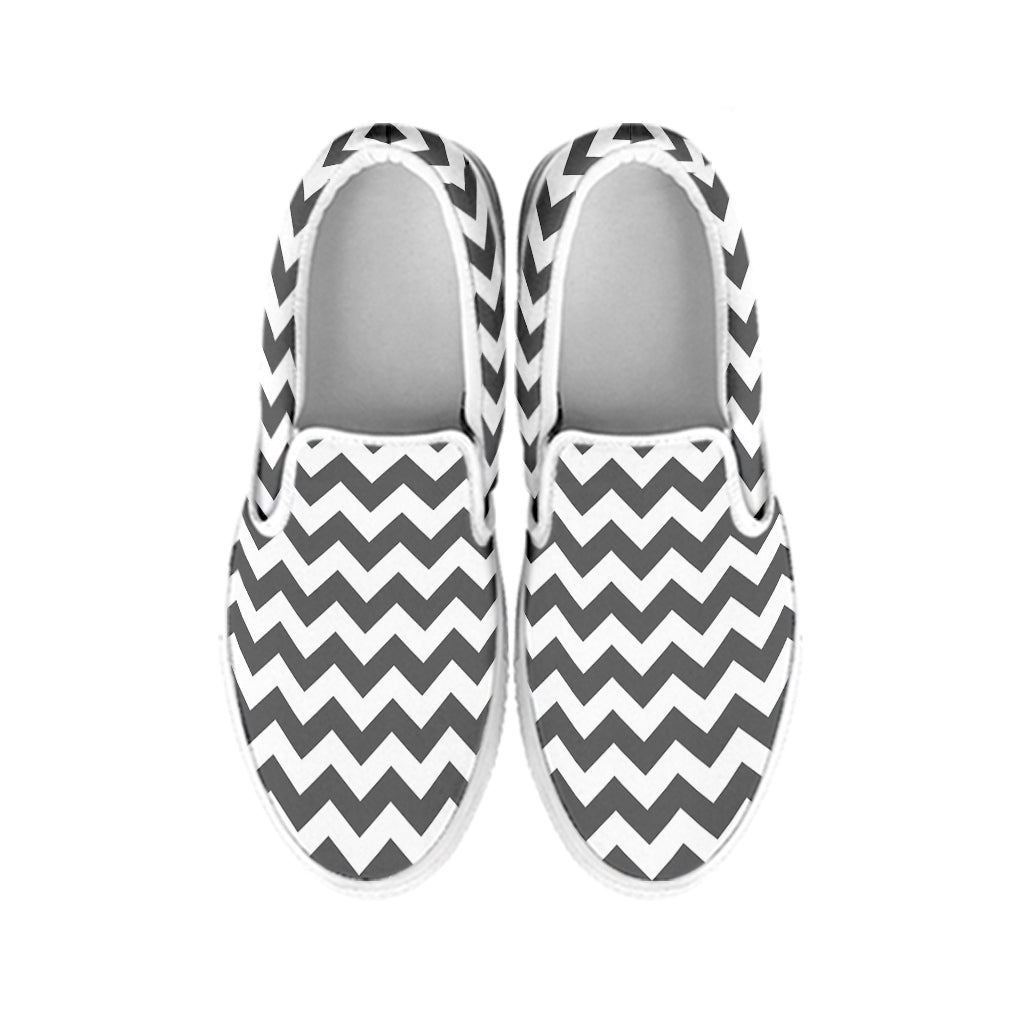 Grey And White Chevron Pattern Print White Slip On Shoes