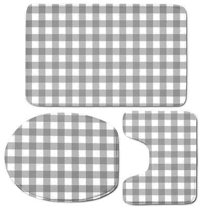 Grey And White Gingham Pattern Print 3 Piece Bath Mat Set