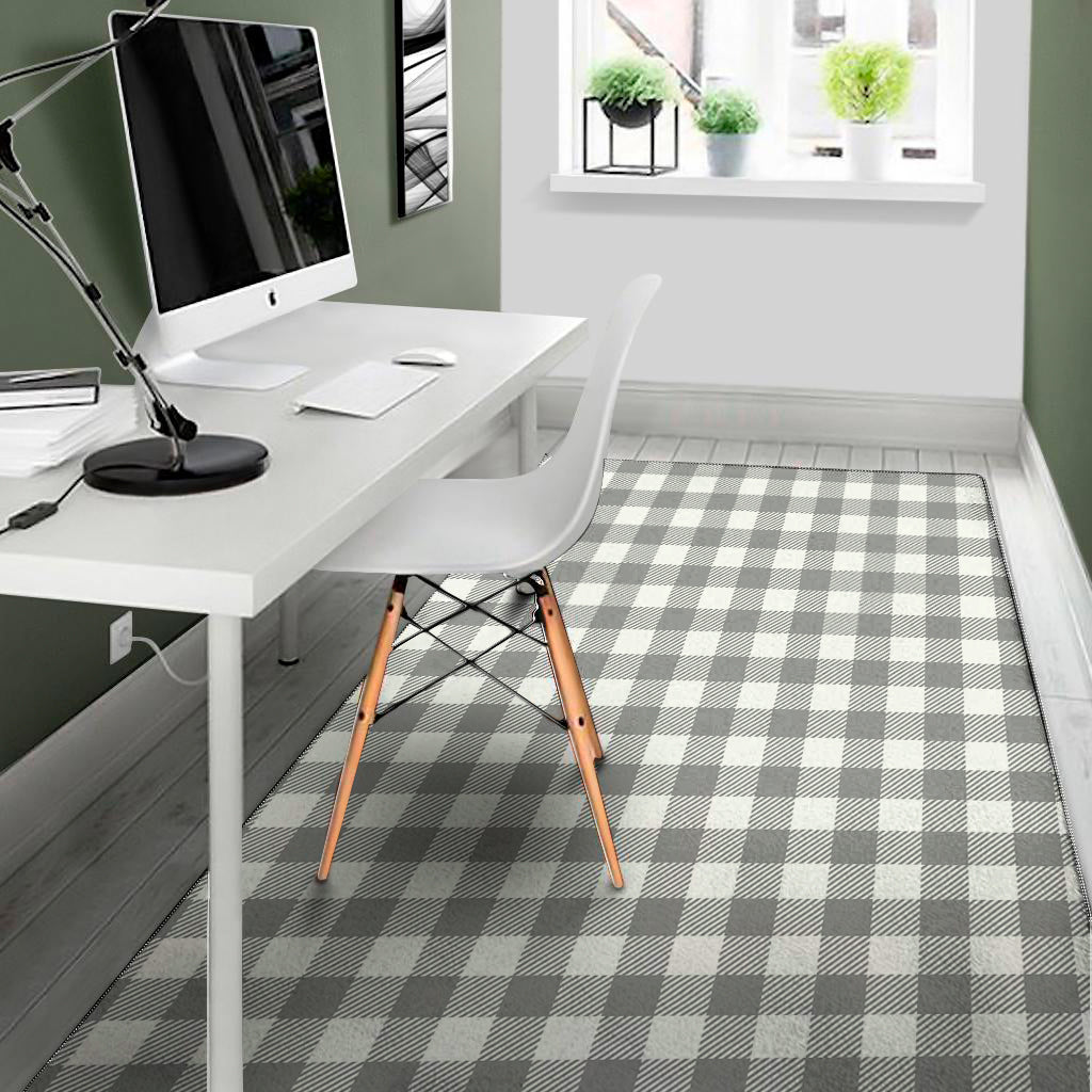 Grey And White Gingham Pattern Print Area Rug