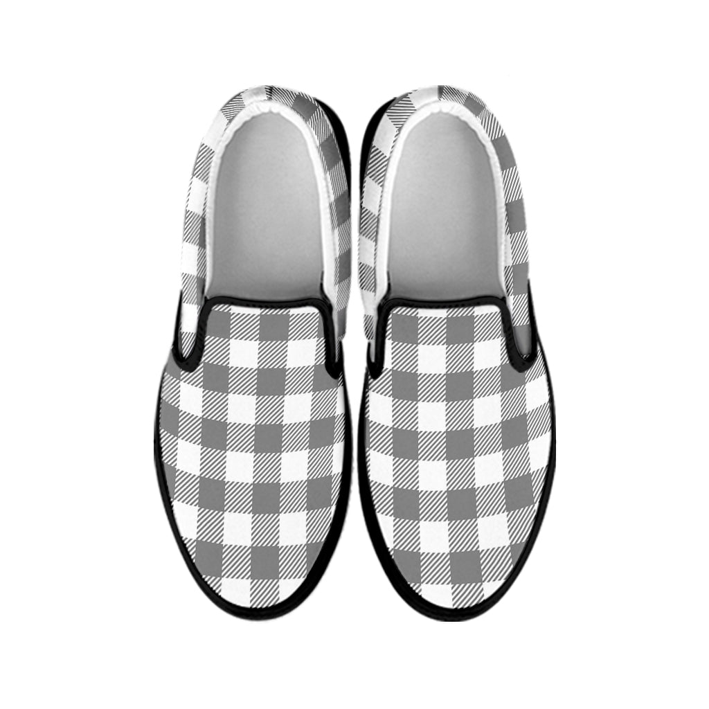 Grey And White Gingham Pattern Print Black Slip On Shoes