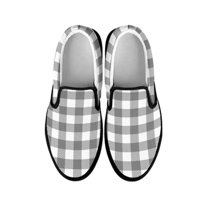 Grey And White Gingham Pattern Print Black Slip On Shoes