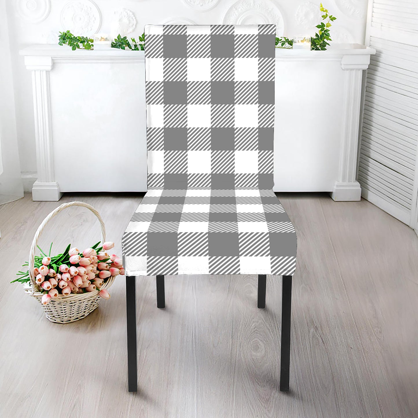 Grey And White Gingham Pattern Print Dining Chair Slipcover