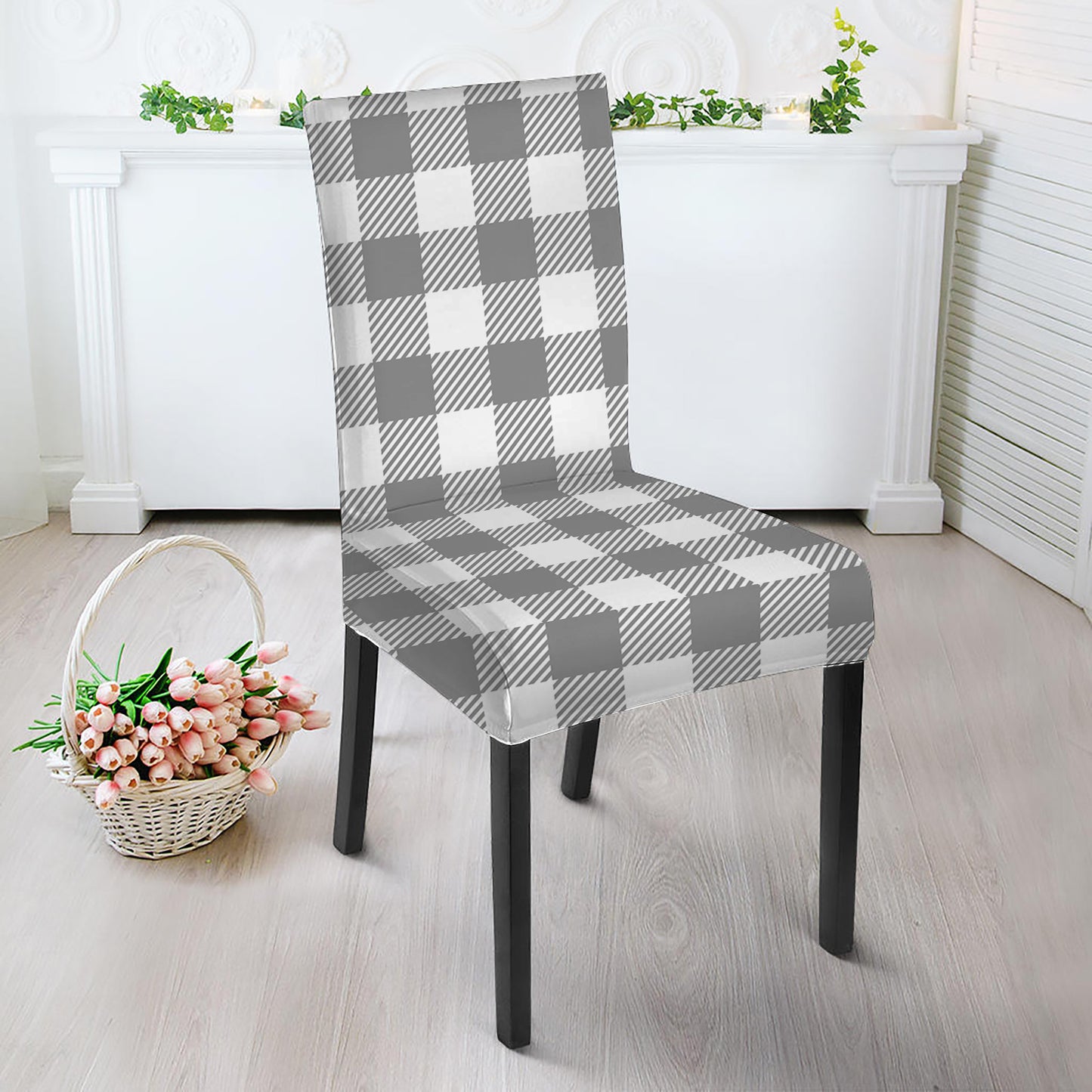 Grey And White Gingham Pattern Print Dining Chair Slipcover