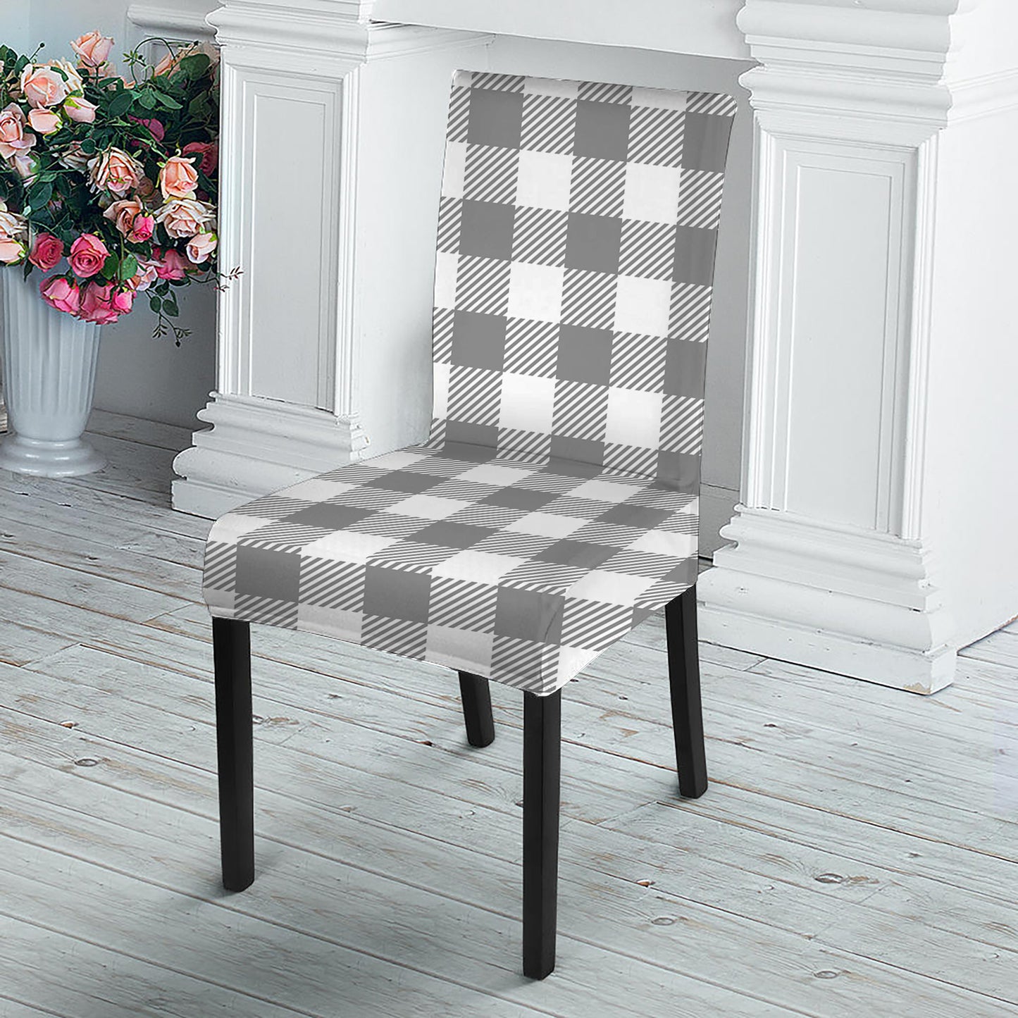 Grey And White Gingham Pattern Print Dining Chair Slipcover