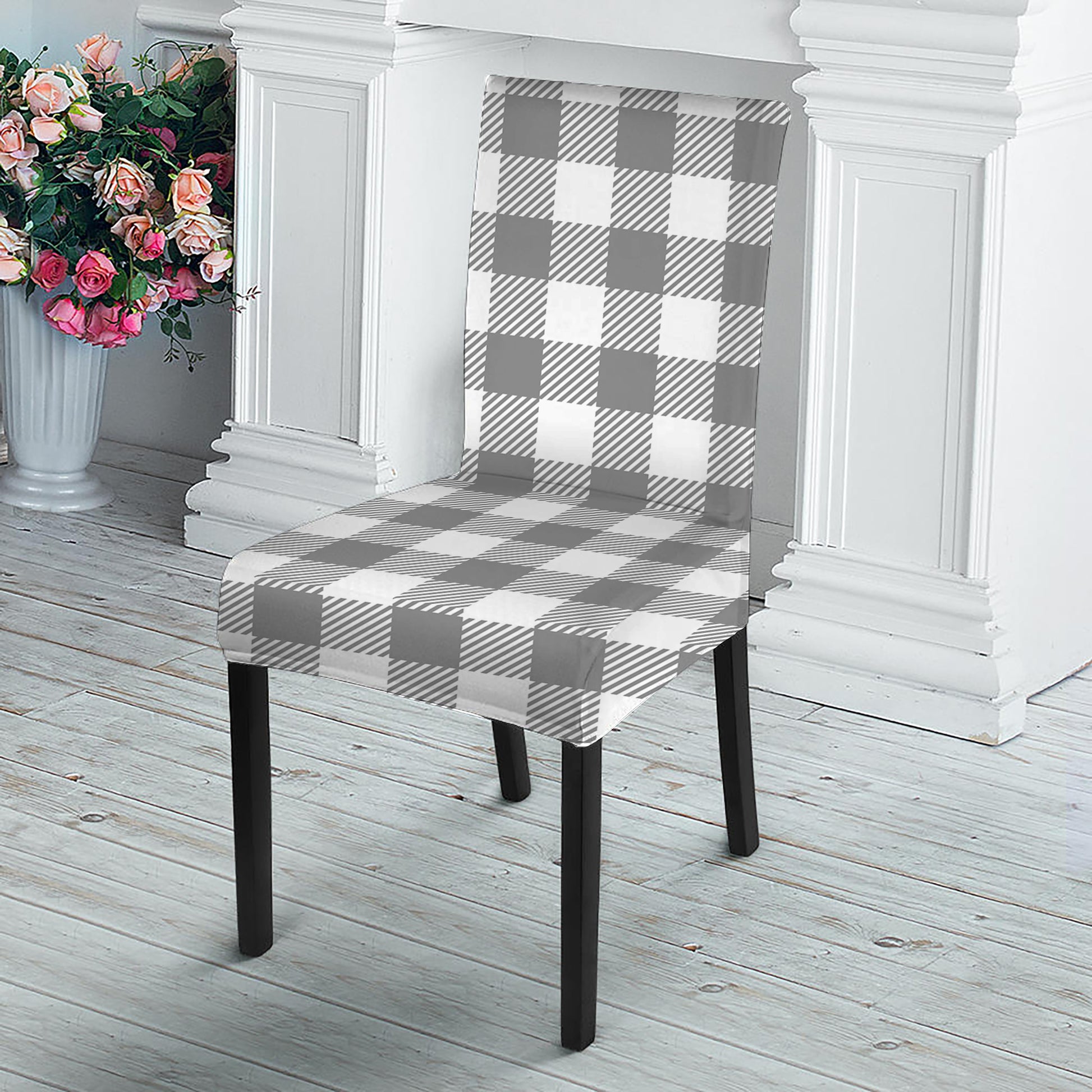 Grey And White Gingham Pattern Print Dining Chair Slipcover