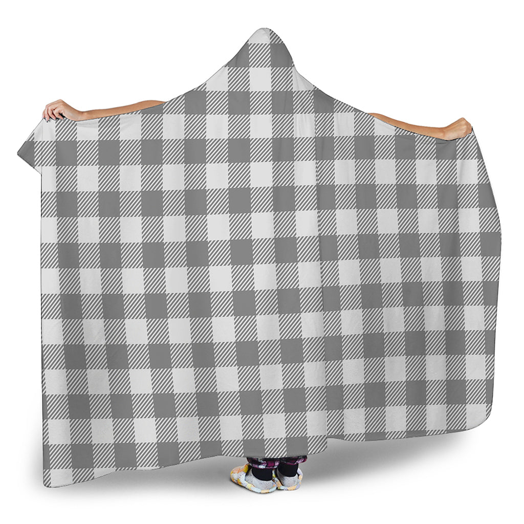 Grey And White Gingham Pattern Print Hooded Blanket