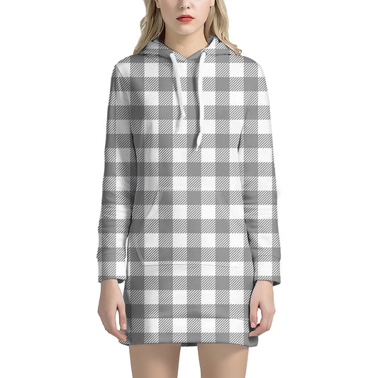 Grey And White Gingham Pattern Print Hoodie Dress