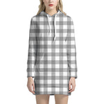 Grey And White Gingham Pattern Print Hoodie Dress