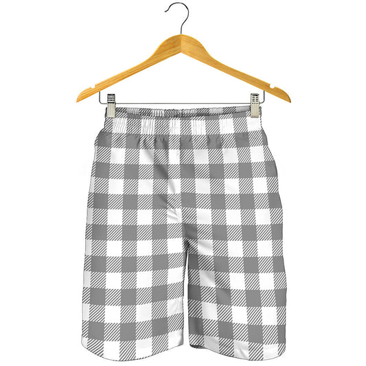 Grey And White Gingham Pattern Print Men's Shorts