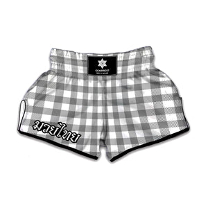 Grey And White Gingham Pattern Print Muay Thai Boxing Shorts