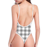 Grey And White Gingham Pattern Print One Piece High Cut Swimsuit