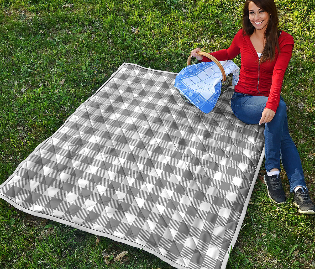Grey And White Gingham Pattern Print Quilt