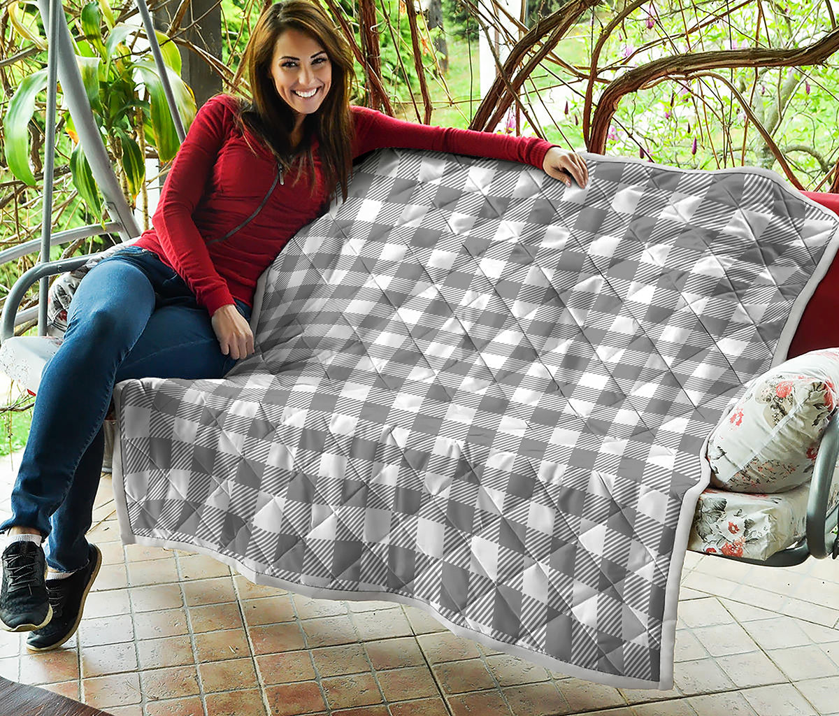 Grey And White Gingham Pattern Print Quilt